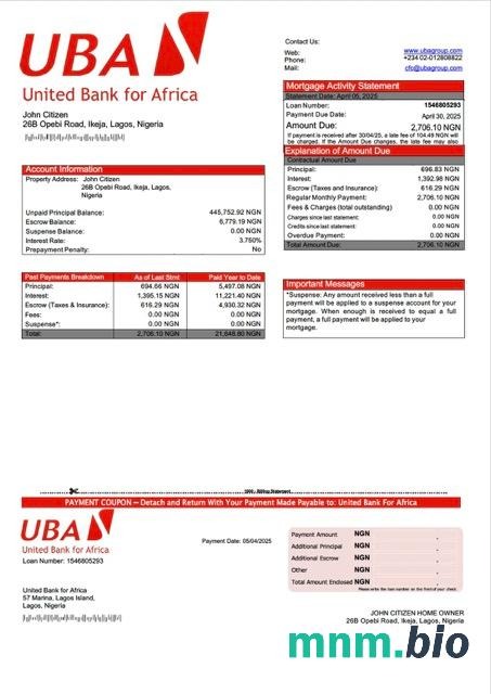 Nigeria United Bank for Africa wyciąg z kredytu hipotecznego szablon Word i PDF